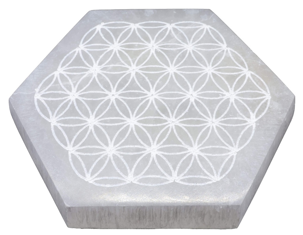 Placa Hexagonal Selenita Flor de la Vida Grabado 10 cm