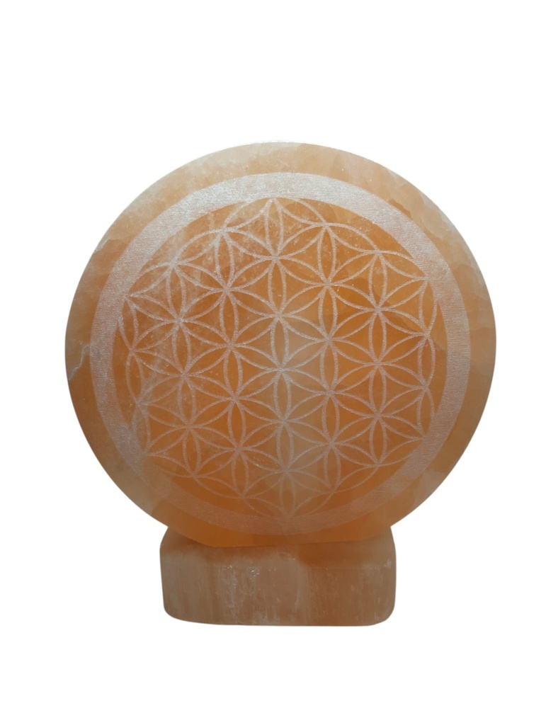 Lámpara de Selenita Naranja - Flor de la Vida grabada 17 cm