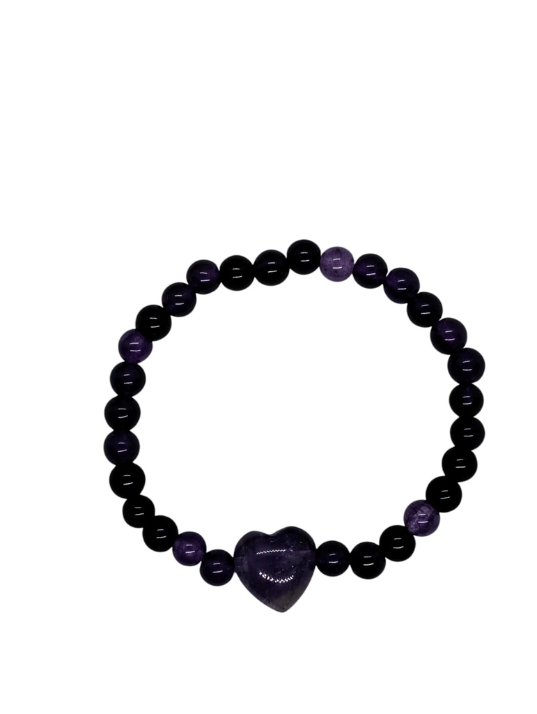 Pulsera de Cuarzo Amatista 6mm con Corazón
