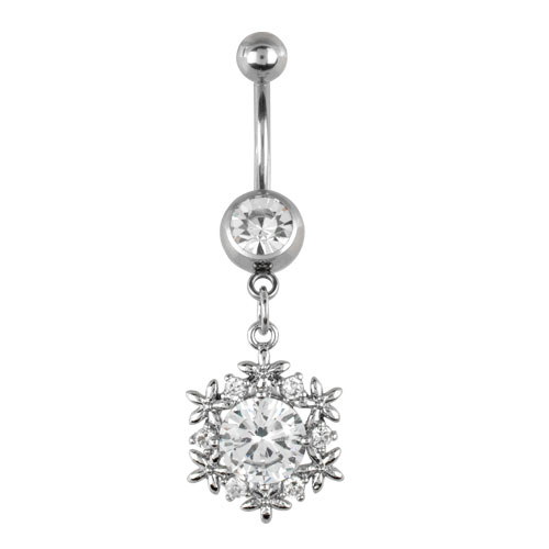Navel de Acero con Joya Engarzada Blanca
