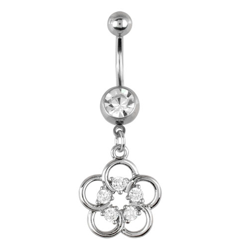 Navel de Acero con Flor y Joyas Blancas